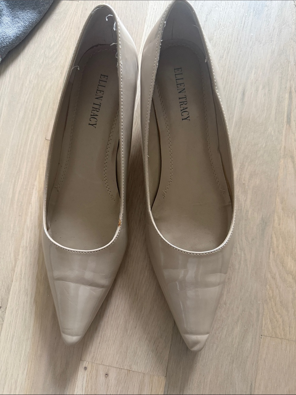 Ellen Tracy Patent Pointed-Toe Pumps in Nude Beige